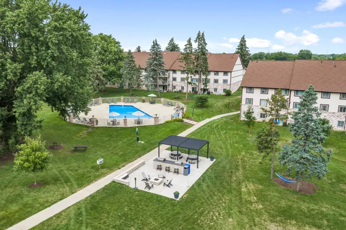 Drone view of the Valley View Apartments community and surrounding area.