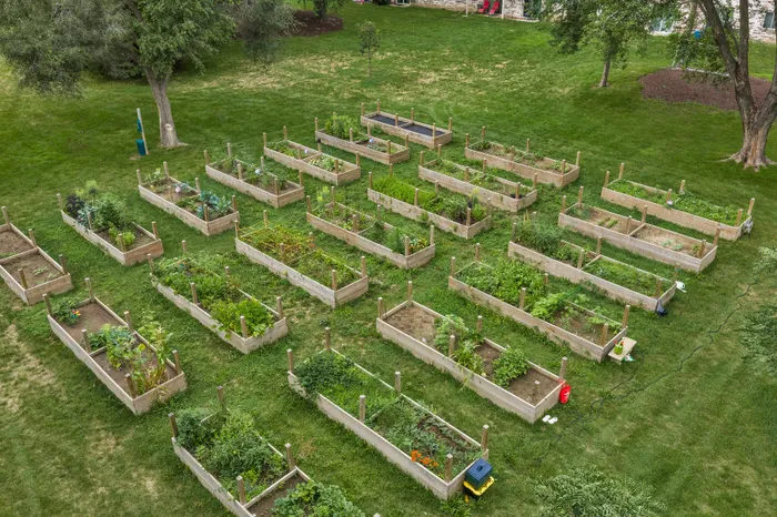 Resident community garden with individual garden beds at Valley View Apartments.