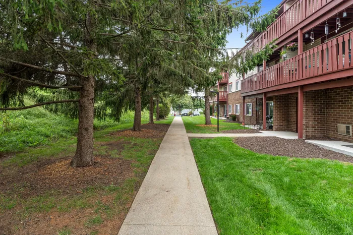 Apartment building and landscaped grounds at Ridge View Apartments.