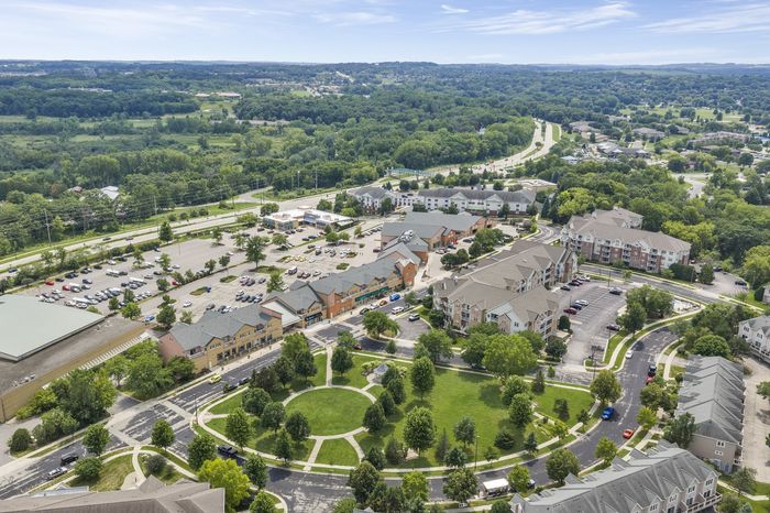 Aerial view of The Landmark at Hatchery Hill apartment community.