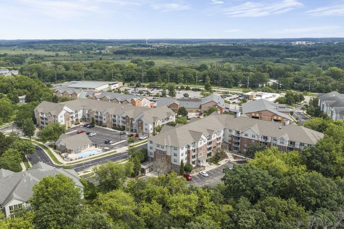 Drone view of The Landmark at Hatchery Hill and surrounding area.