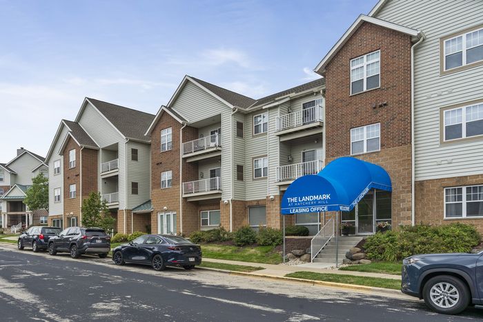 The Landmark at Hatchery Hill apartment building and outdoor grounds.