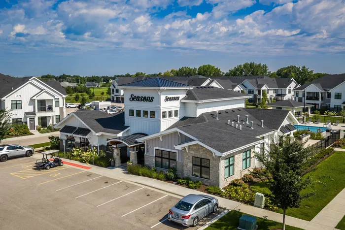 Clubhouse exterior at Seasons at North Aurora Apartments.