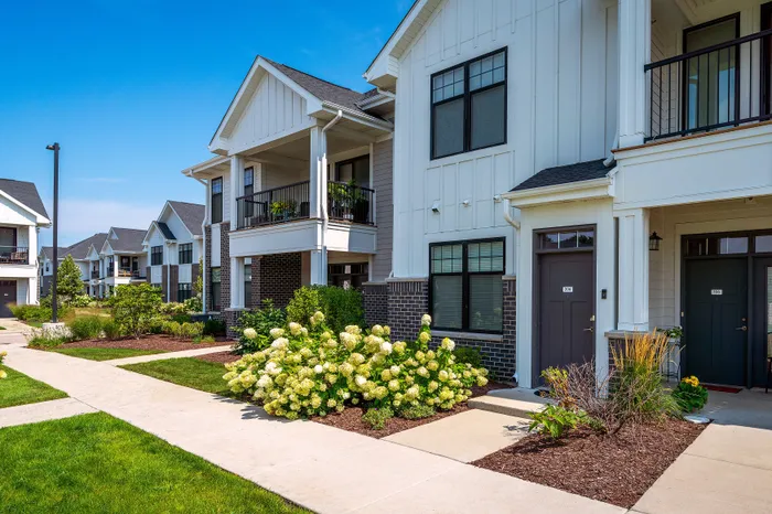 Apartment building exterior at Seasons at North Aurora.