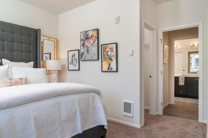 Model Bedroom + Bathroom l Luxury Apartments for Rent in Tacoma, WA l 1500 Orchard