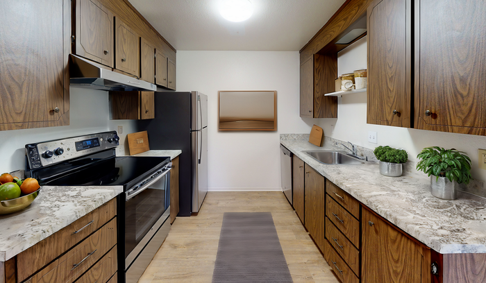 Stylish kitchen with wooden cabinets, modern appliances, and a sleek countertop.