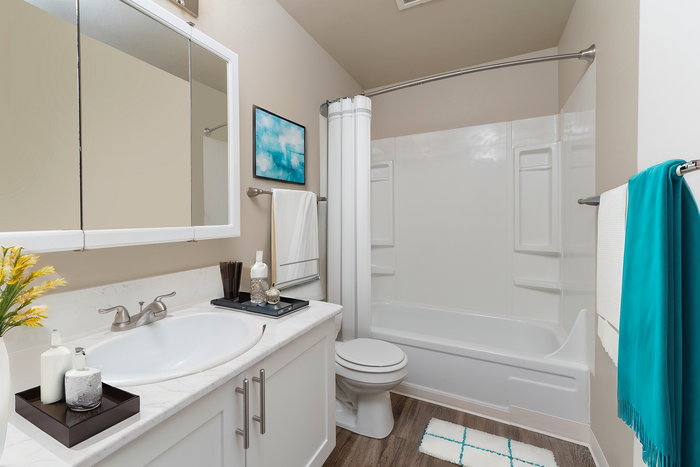Bright and modern bathroom with a stylish vanity, white tub, and teal accents.