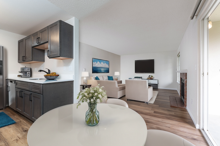 Stylish open-concept apartment featuring a modern kitchen, cozy living area with a TV, and elegant dining setup.