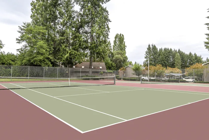 Scenic view of a well-maintained tennis court surrounded by lush greenery in a residential area.
