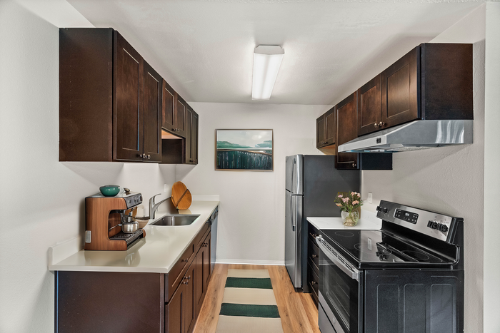 Modern kitchen setup with dark wood cabinets, stainless steel appliances, and a chic coffee maker.