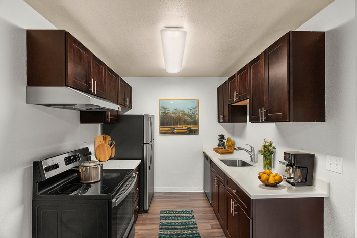 Sleek kitchen design with dark wood cabinets, stainless steel appliances, and contemporary decor.