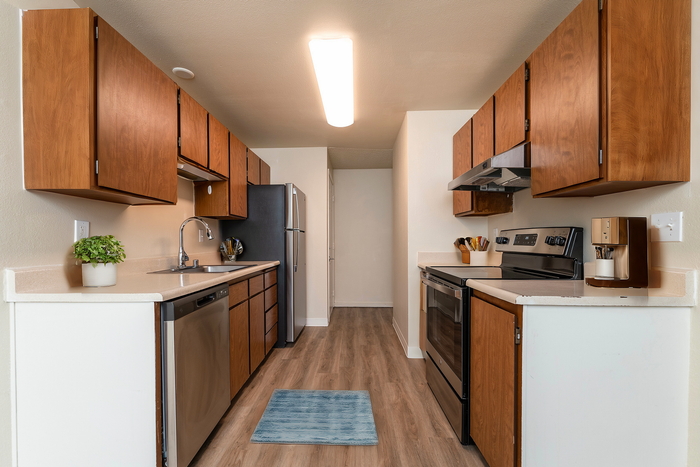 Modern kitchen with wooden cabinets, sleek stainless steel appliances, and a cozy ambiance.