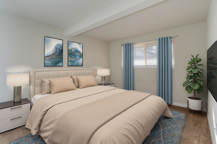 Chic bedroom featuring a plush bed with beige linens, modern nightstands with lamps, and a large plant by the window.