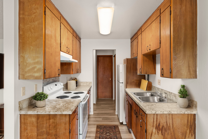 Bright kitchen with wooden cabinets, marble countertops, and modern appliances.
