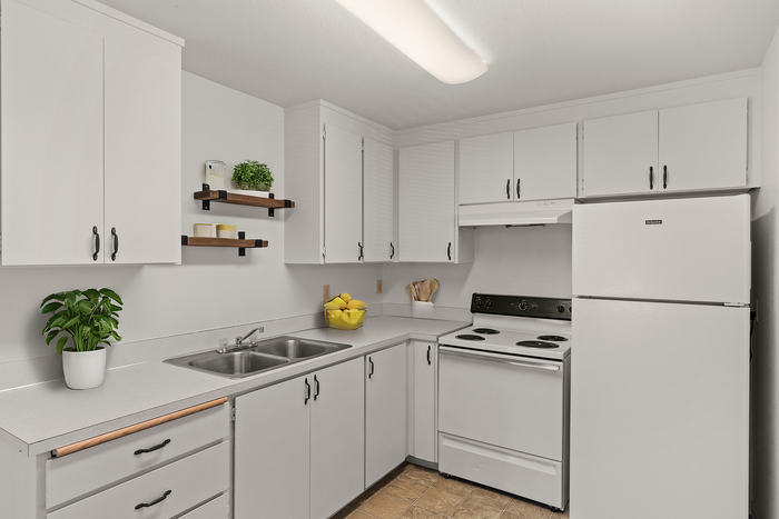 Contemporary white kitchen with clean countertops, modern appliances, and stylish cabinets.