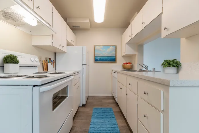 Bright and inviting galley kitchen with modern white cabinetry, stainless steel appliances, and charming wooden accents.