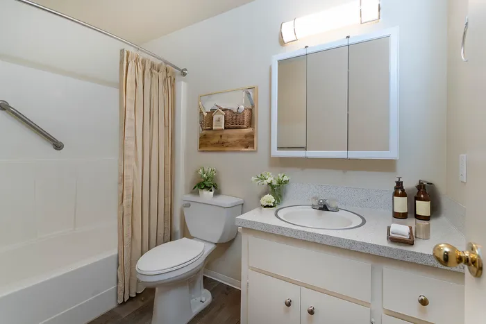 Inviting bathroom with modern fixtures, cozy decor, and elegant lighting. Features a spacious countertop and a stylish mirror for a refreshing atmosphere.