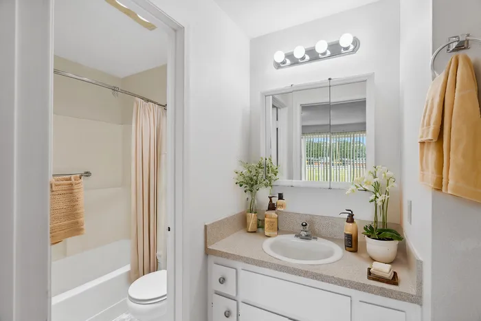 Bright and modern bathroom with elegant granite countertop, chic lighting, and stylish floral decorations.