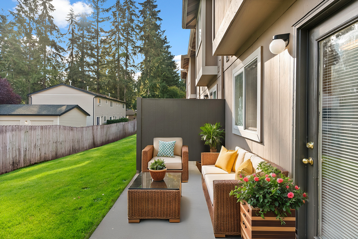 Charming outdoor patio with wicker furniture set, vibrant cushions, and lush greenery, offering a serene escape with views of a spacious lawn and towering trees.