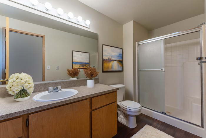 Bright and modern bathroom featuring a sleek countertop, framed artwork, and a spacious glass shower enclosure.