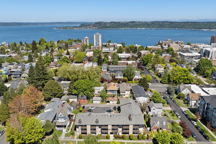 Beautiful aerial view of Maples Apartments and the surrounding area with views of the Commencement Bay.