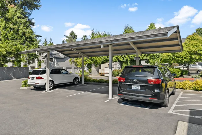 Modern covered parking area with lush greenery, featuring allocated spaces and a sleek roof design.