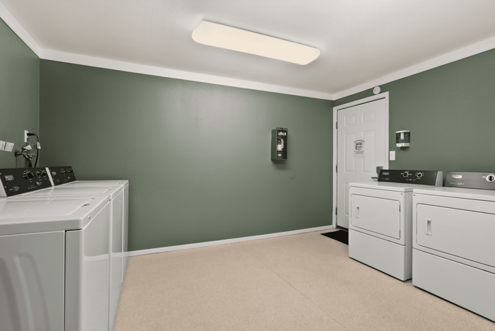 Spacious laundry room with modern washing machines and dryers against a stylish green wall.