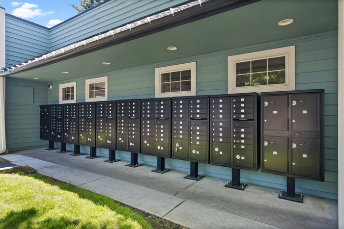 Communal mailbox area with sleek black mailboxes against a stylish blue wood-paneled wall, surrounded by lush green grass and well-maintained pathways.