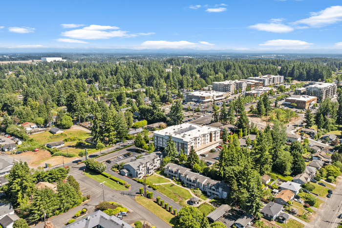 Aerial view of a vibrant apartment complex surrounded by lush greenery and scenic beauty, offering a perfect blend of urban living and nature's tranquility.