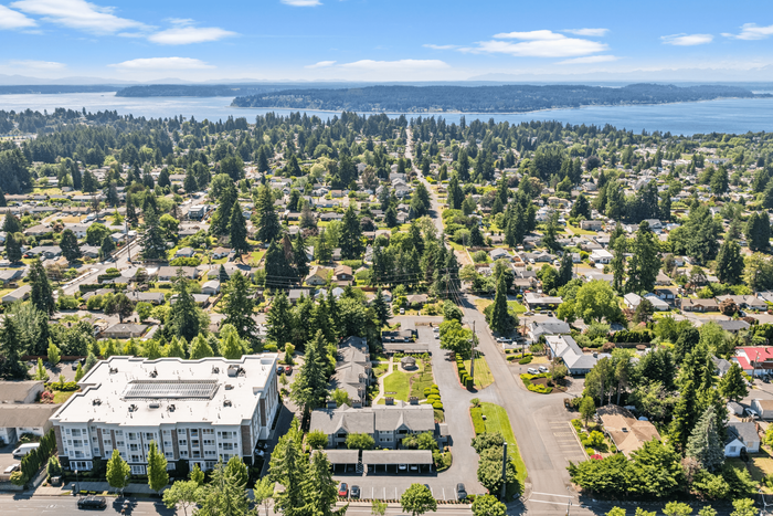Aerial view of a vibrant suburban neighborhood with lush green trees, a modern apartment building, and picturesque lake in the background under a clear blue sky.