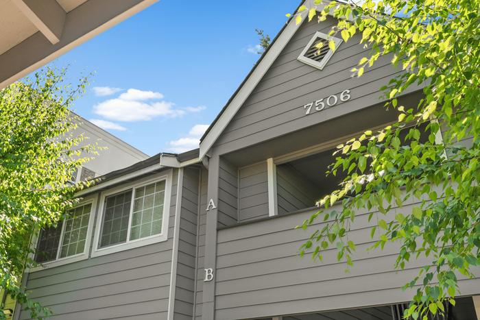 Charming apartment exterior with modern gray siding, large windows, and lush greenery under a clear blue sky.