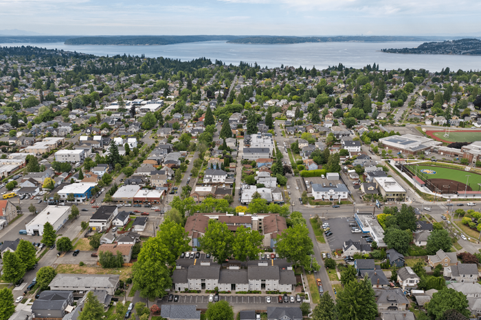 Vibrant aerial view of a lush green neighborhood with picturesque houses, tree-lined streets, and a stunning water backdrop.