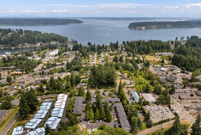 Breathtaking aerial view showcasing a picturesque lakeside community surrounded by lush greenery and serene water views.