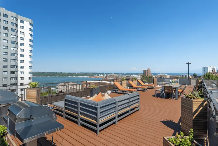 Luxurious rooftop deck with modern seating, barbecue grill, and scenic waterfront views, perfect for entertaining.