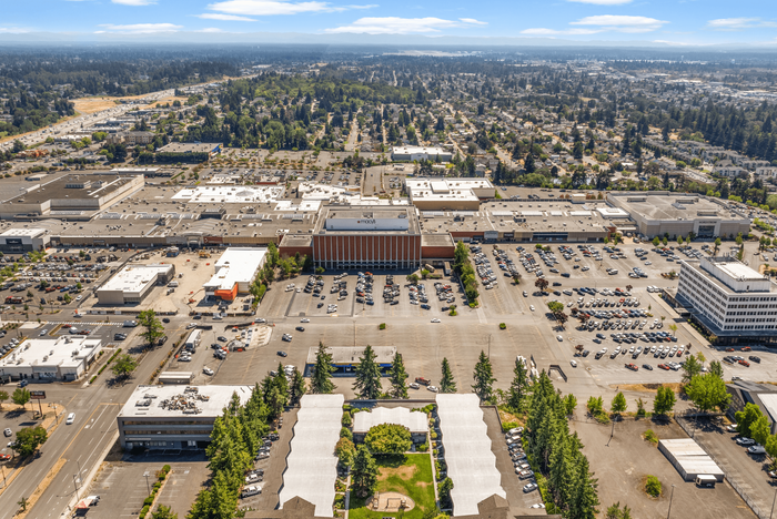 Vibrant aerial view of a bustling shopping center surrounded by lush greenery and colorful rooftops, showcasing ample parking and dynamic community life.
