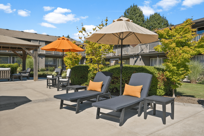 Inviting outdoor patio with chic lounge chairs under colorful umbrellas, perfect for relaxation.
