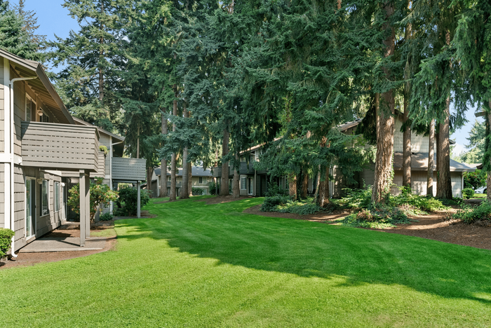 Picturesque apartment community nestled among majestic trees, featuring well-maintained lawns and inviting balconies.