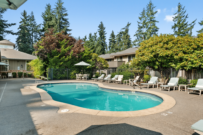 Inviting apartment complex pool area surrounded by lush greenery and comfortable lounge chairs, perfect for relaxation and leisure.