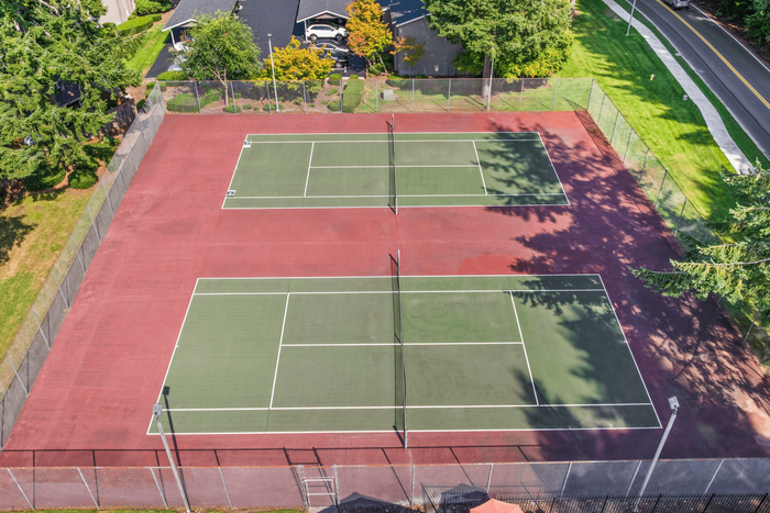 Aerial view of modern dual tennis courts surrounded by lush greenery, offering an idyllic setting for sports enthusiasts.