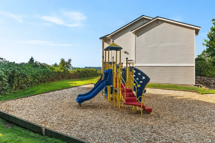 Charming playground with colorful slides and climbing structures, nestled beside a modern home, perfect for family-friendly living.