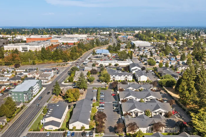 Vibrant aerial view of a suburban neighborhood with lush greenery, modern homes, and convenient shopping nearby.