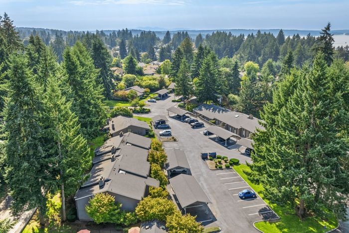 Breathtaking aerial view of a serene apartment complex nestled among lush pine trees with spacious parking and scenic landscape.