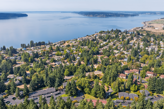 Aerial view of a charming coastal community surrounded by lush greenery, overlooking a serene body of water with scenic vistas.