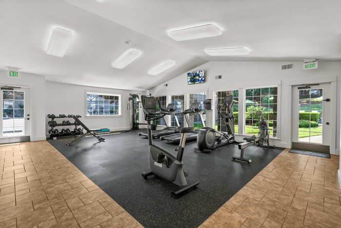 Bright and airy fitness center featuring modern exercise equipment, large windows, and an inviting atmosphere for a healthy lifestyle.