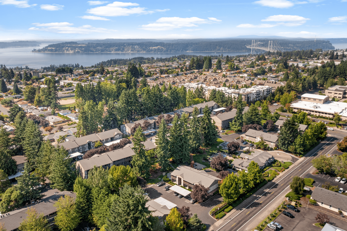Charming residential neighborhood with lush greenery, offering stunning views of the bay and a nearby bridge under a clear blue sky.