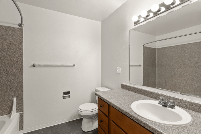 Bright and modern bathroom featuring a granite countertop, sleek under-mount sink, and elegant vanity lighting.