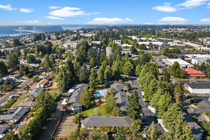 Aerial view of a vibrant community with lush greenery, cozy residences, a refreshing pool, and recreational facilities nestled in a picturesque landscape.