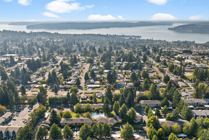 Captivating aerial view of a scenic neighborhood nestled among lush greenery, with a stunning backdrop of a peaceful lake and distant hills.