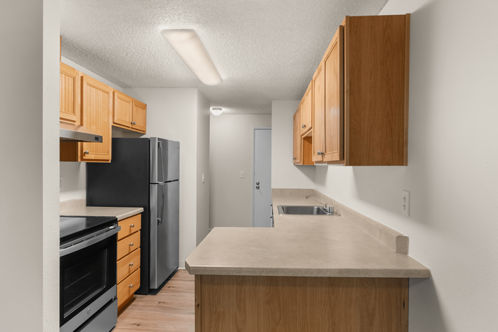 Modern kitchen with sleek stainless steel appliances, wooden cabinets, and a spacious countertop.