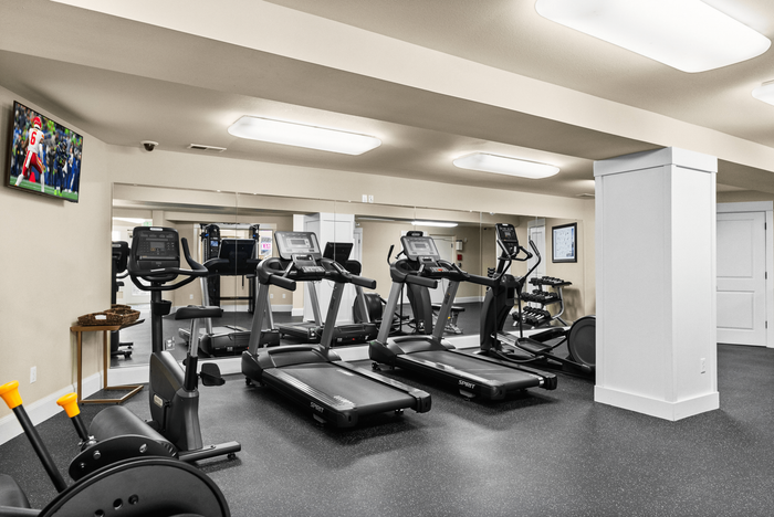 Modern apartment gym with state-of-the-art treadmills, exercise bikes, and wall mirrors, perfect for your fitness routine.